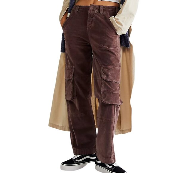 NEW Free People Hard Crushin' Plush Cargo Pants in Chocolate Merlot for women j - Picture 2 of 7